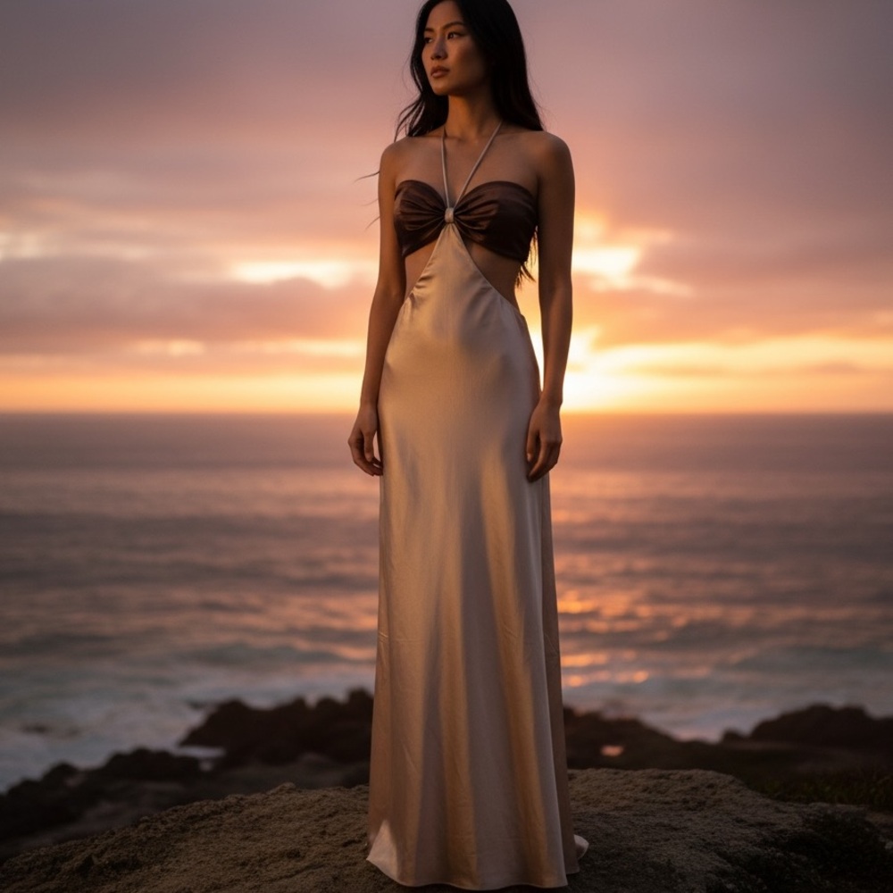 Luvalot Satin Cutout Maxi Dress | Champagne Brown | Size 6 & Sexy